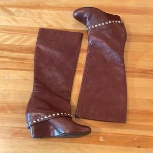 BCBG brown leather studded wedge knee high boots